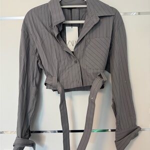 Zara Charcoal Pinstripe Cropped Shirt